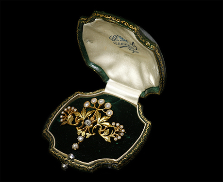 アールヌーヴォー カラーゴールド ダイヤモンド 天然真珠 ブローチ オリジナルボックス入り