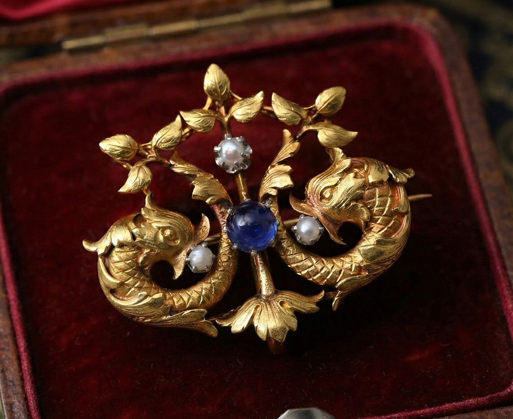 イルカのワルツ カボッションサファイヤ 天然真珠 ブローチ