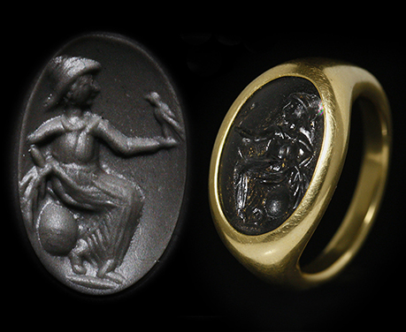 古代ローマ1世紀〜2世紀 アテナと鳩のコロニス 黒曜石 インタリオ リング 指輪 アンティークジュエリー