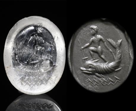 古代ローマ1世紀　水晶　インタリオ  イルカに乗るネプチューン　古代インタリオ