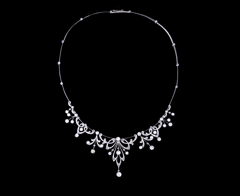 1910年頃 ベルエポック 天然真珠 プラチナ ダイヤモンド ネックレス