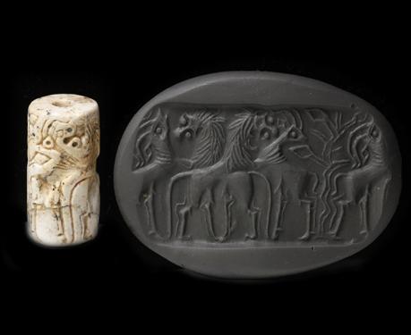 紀元前2700年〜2600年頃 円筒印章 アルカイック シュメール芸術 獅子とガゼル