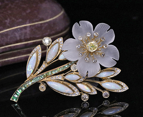 オーストリア 宝石の花 ロッククリスタル イエローダイヤモンド オパール ブローチ