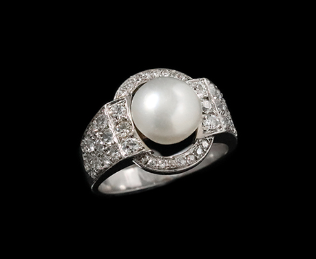 鑑定書付き 8.6mm珠 天然真珠 アールデコ ダイヤモンド プラチナ リング 指輪