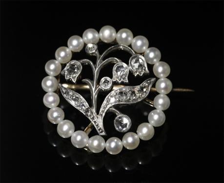 天然真珠 スズランのダイヤモンド プラチナ ブローチ