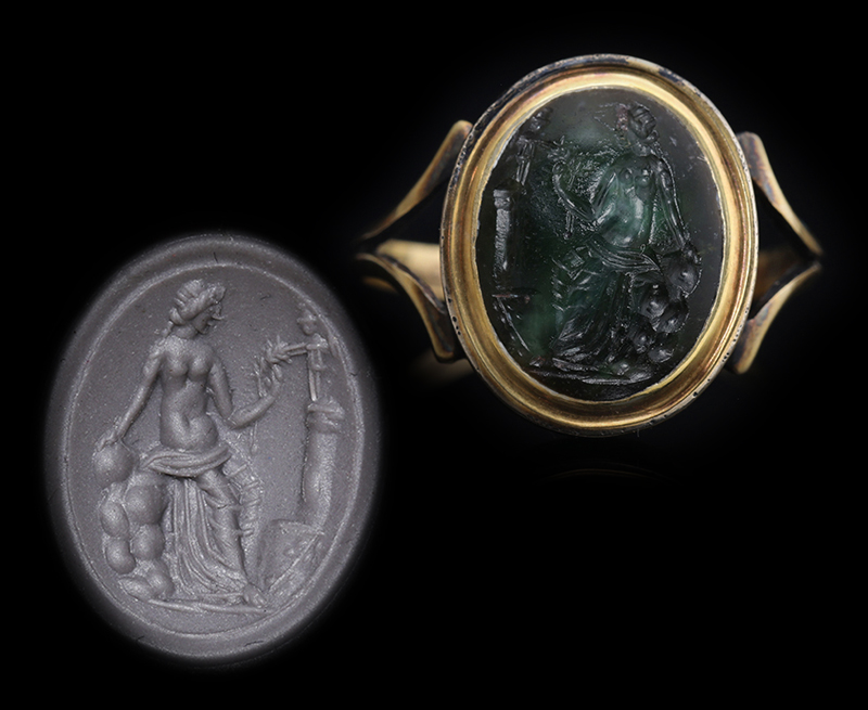 古代ローマ1世紀 トロイアの守護神パラス・アテナ像(パラディオン)とカッサンドラ インタリオ プラスマ リング 指輪　