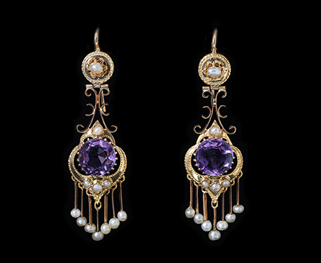 アメジスト 天然真珠 彫金 18k ピアス