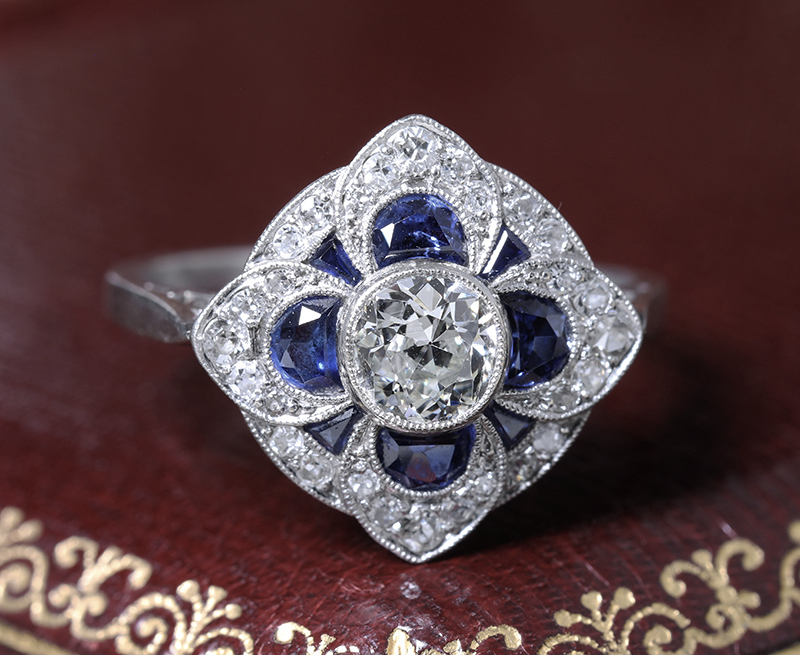 アールデコ サファイヤの花 ダイヤモンド プラチナ リング 指輪