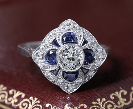 アールデコ サファイヤの花 ダイヤモンド プラチナ リング 指輪