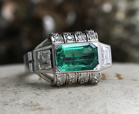 鑑定書付 約2ct コロンビア産 エメラルド 1930年頃 アールデコ ダイヤモンド リング 指輪