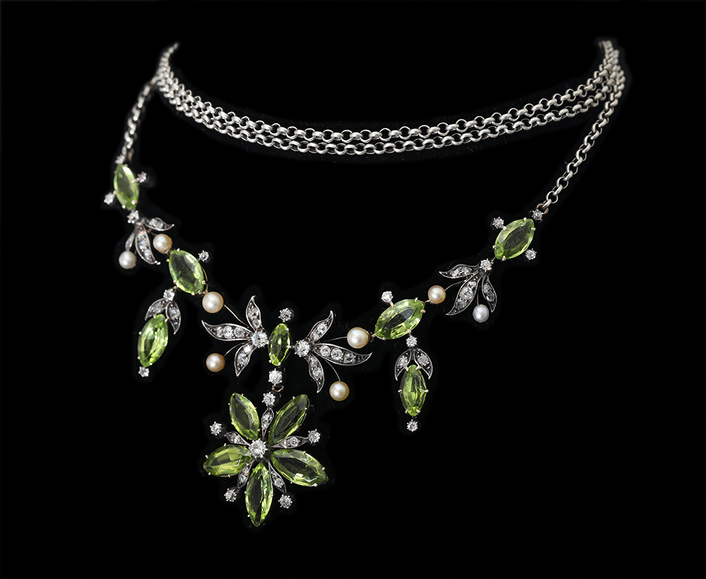 ロシア ティアラ ネックレス ペリドット ダイヤモンド 天然真珠 シルバー ネックレス