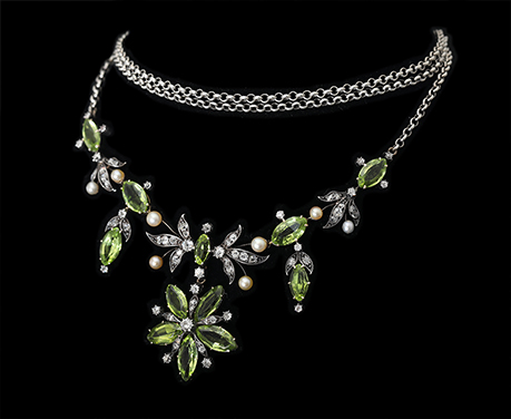 ロシア ティアラ ネックレス ペリドット ダイヤモンド 天然真珠 シルバー ネックレス