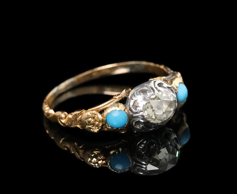 18世紀 ロココ 薔薇彫金 ダイヤモンド ターコイズ リング 指輪