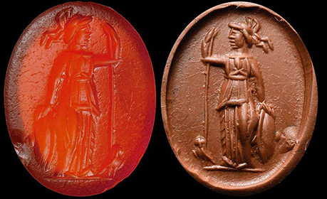 古代ローマ　2世紀　梟を従えるパラスアテナ　コーネリアン　インタリオ　リング