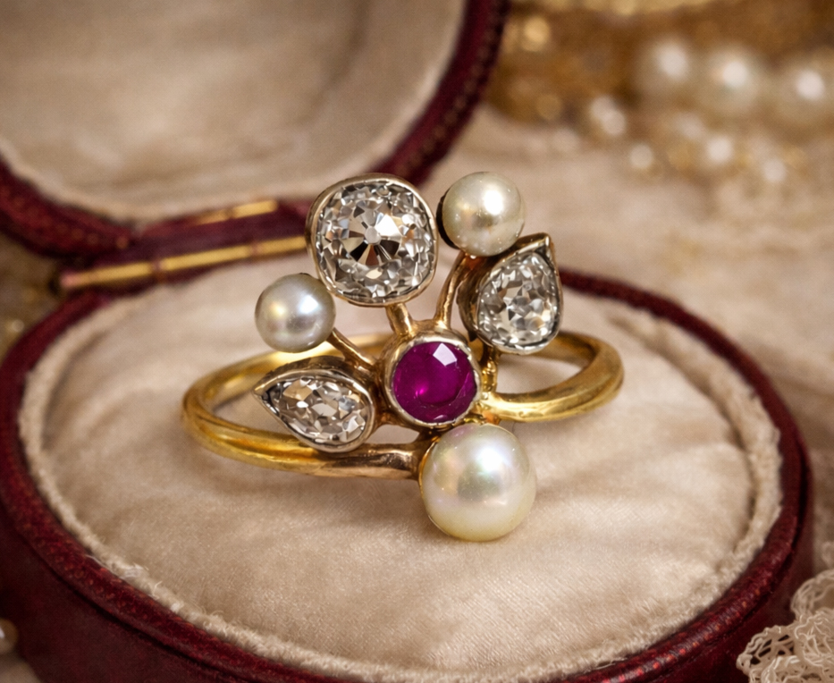 1900年頃 オーストリア 天然真珠 ルビー ダイヤモンド ゴールドリング