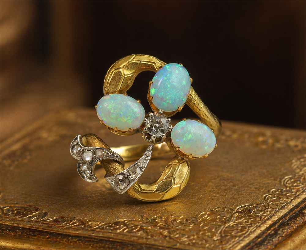 三つ葉クローバー 蛇 オパール ダイヤモンド ゴールド リング 指輪