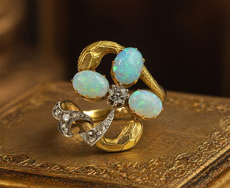 三つ葉クローバー 蛇 オパール ダイヤモンド ゴールド リング 指輪