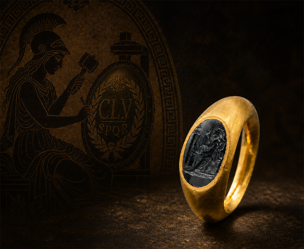 古代ローマ1世紀 オールオリジナルリング 盾に刻むアテナ インタリオ 深緑色プラスマ リング 指輪　
