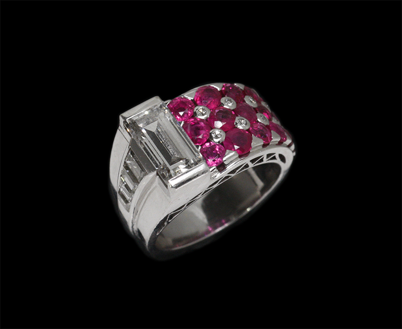 アールデコ 約1.72ctバゲットカットダイヤモンド ルビー プラチナ リング 指輪