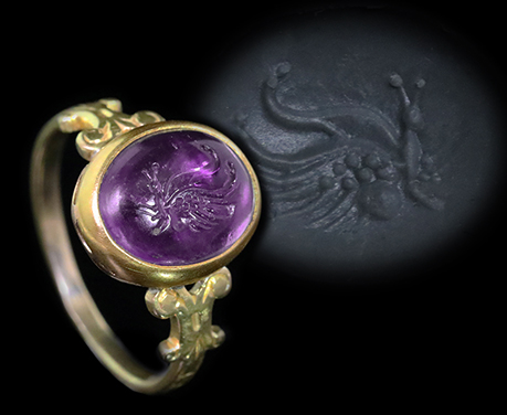 古代ローマ1世紀 カボッション アメジスト 蝶 リング 指輪