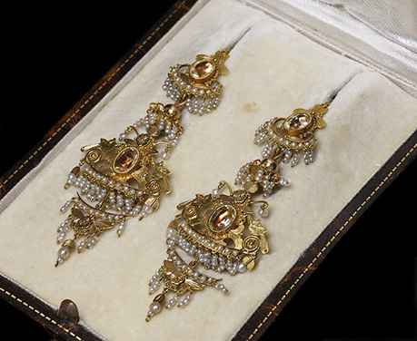 南イタリア 1830年頃 金の小鳥 シトリン 天然真珠 18k ピアス オリジナルボックス