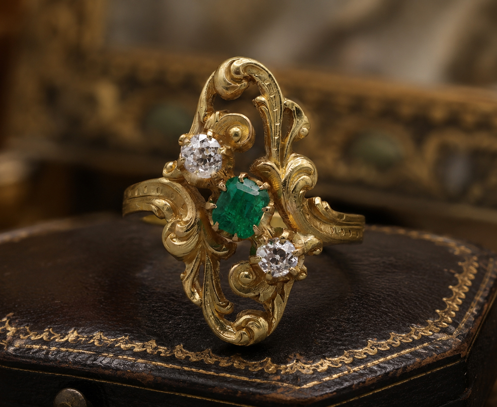 ロカイユ フランス エメラルド ダイヤモンド 18k リング　