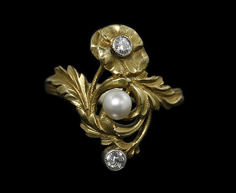 18k 天然真珠 ダイヤモンド アールヌーヴォー リング 指輪 アンティークジュエリー