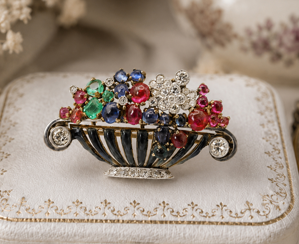 1925年頃 フランス製 宝石の花籠 ジャルディネッティブローチ