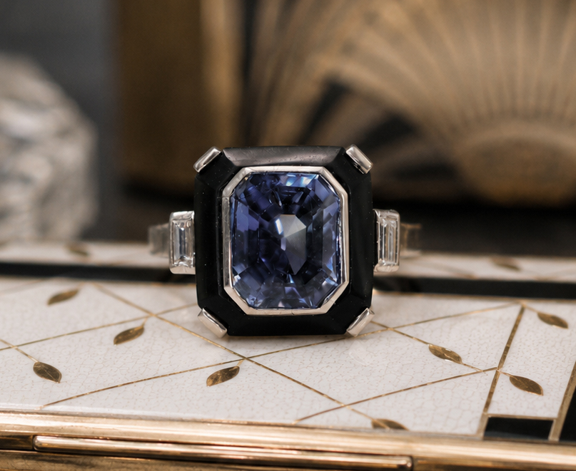 非加熱セイロンサファイア 約4ct アールデコ ダイヤモンド オニキス プラチナ リング