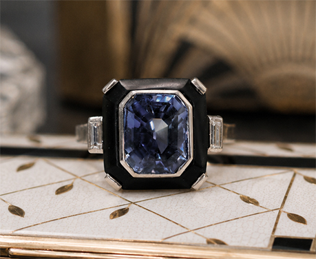 非加熱セイロンサファイア 約4ct アールデコ ダイヤモンド オニキス プラチナ リング