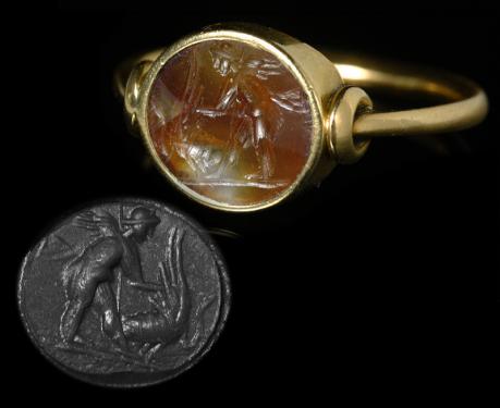 古代ローマ1世紀 クピドと白鳥 アゲート インタリオ ゴールド リング 指輪