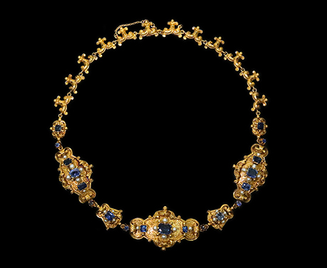 ネオルネサンス 巻き皮風 サファイヤ 天然真珠 彫金 ネックレス