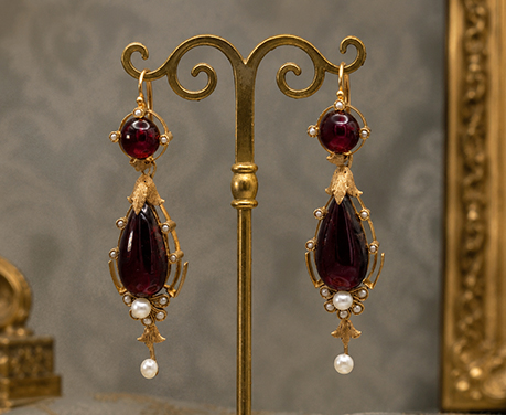 アルマンディンガーネット 天然真珠 ロングピアス フランス 1860年頃