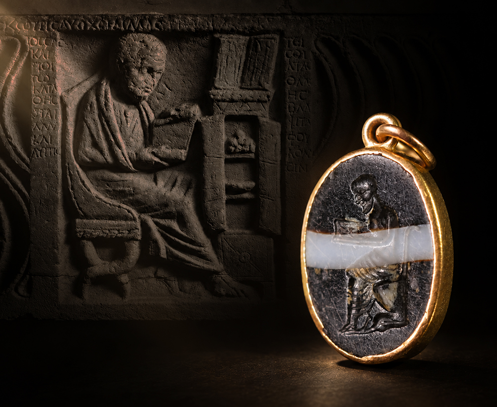 古代ローマ1世紀 巻物を読む哲学者 インタリオ バンデットアゲート ペンダント