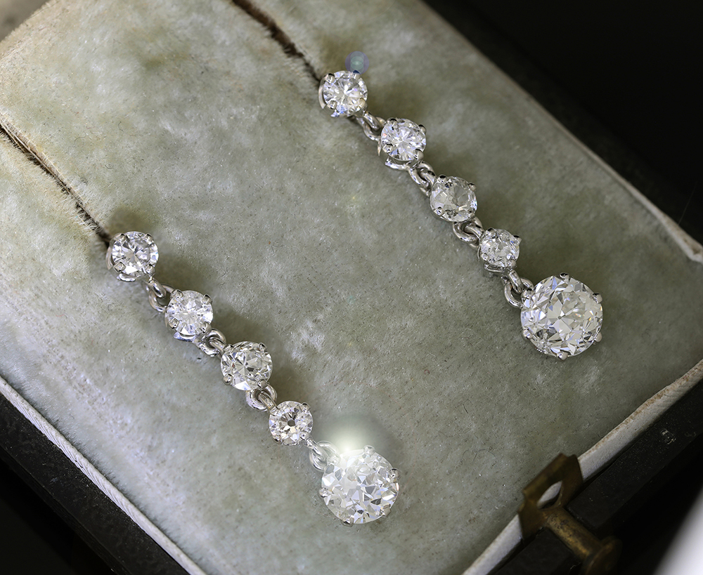 約3.2ct 1920年代 アールデコ ダイヤモンド ドロップ プラチナ ピアス