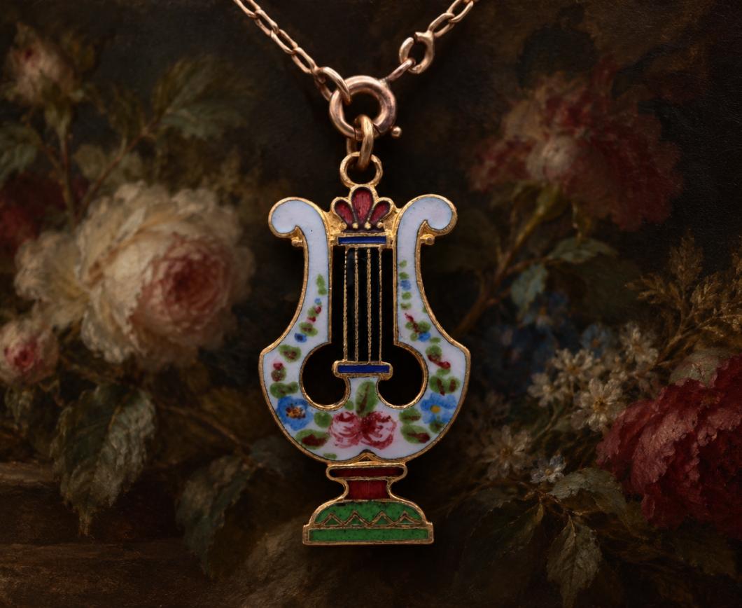 1840年頃 小さな竪琴 花々のエナメルペンダント