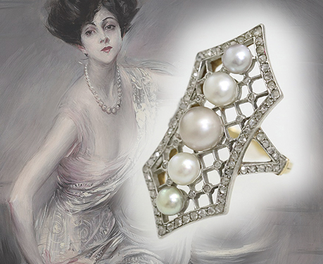 鑑定書付き マルチカラー 天然真珠 ベルエポック ラティスワーク ダイヤモンド リング 指輪