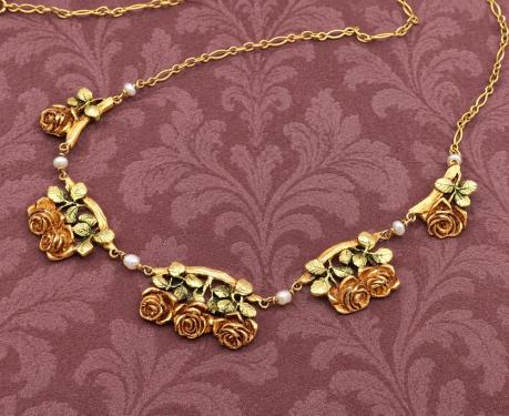 アールヌーヴォー 薔薇のガーランド ゴールドネックレスシ ードパール付き フランス 1900年頃