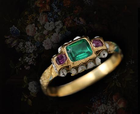 フランス 17世紀 百合の紋章 エメラルド&ルビー エナメル リング