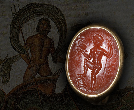 古代ローマ2世紀 インタリオ  ポセイドンとイルカ コーネリアン インタリオ ゴールドリング