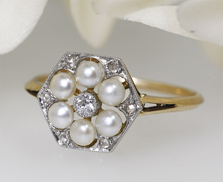天然真珠　ダイヤモンド　プラチナ　リング　指輪　アンティークジュエリー