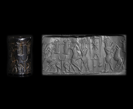 メソポタミア アッカド 紀元前2350〜2200年 円筒印章  闘争図 牡牛人間の戦い と「ILU」の文字