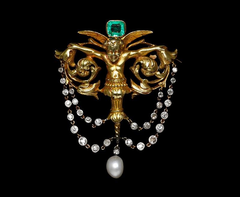 19世紀 ネオルネサンス エメラルド ダイヤモンド 18k  シルバー ブローチ